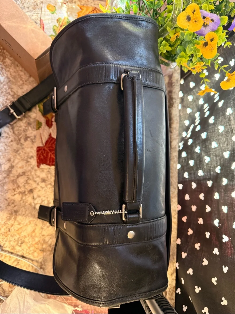Coach Black Leather Messenger Bag with Buckle Straps